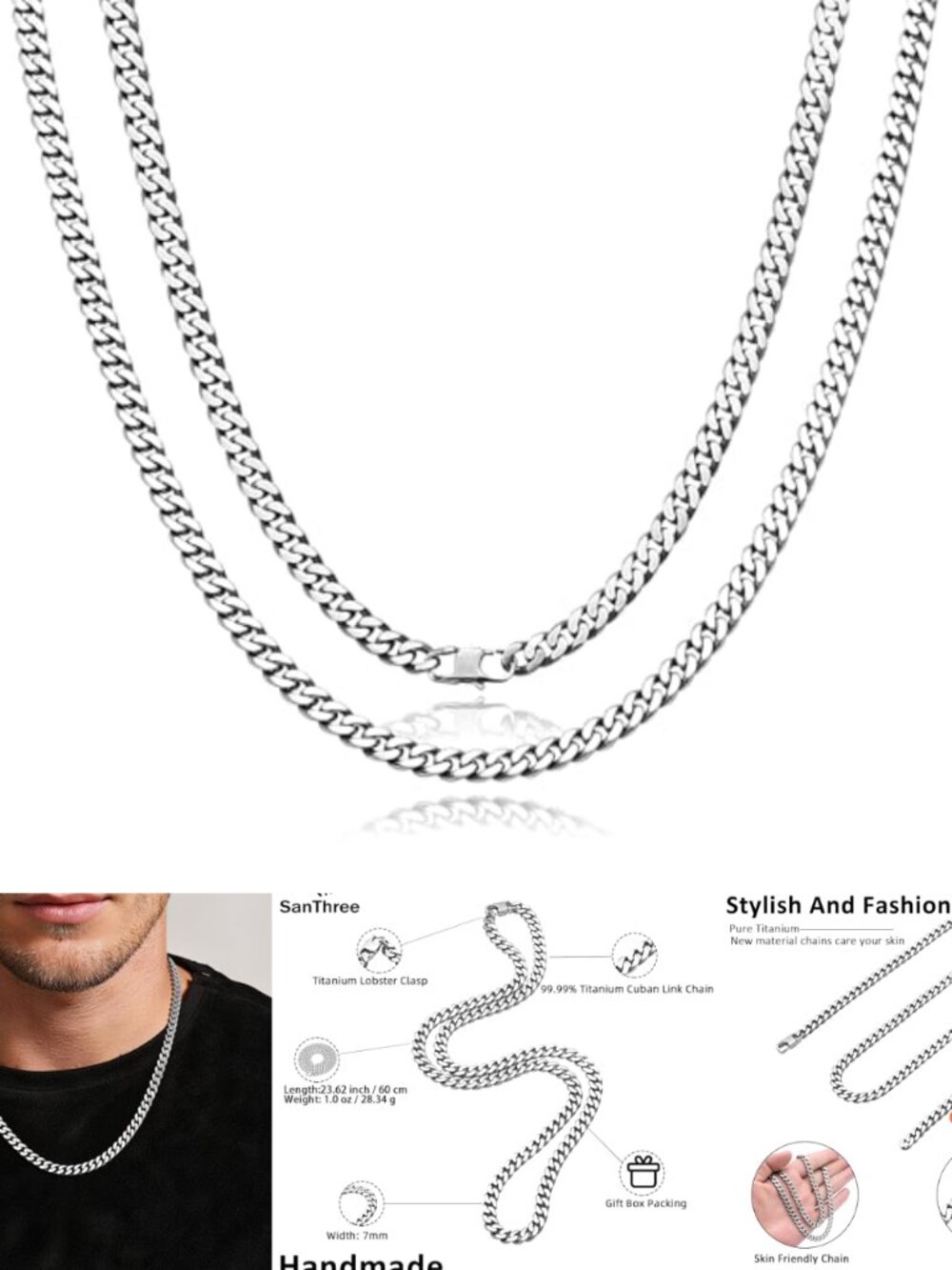 SanThree Pure Titanium Curb Link Chain Necklace 7mm